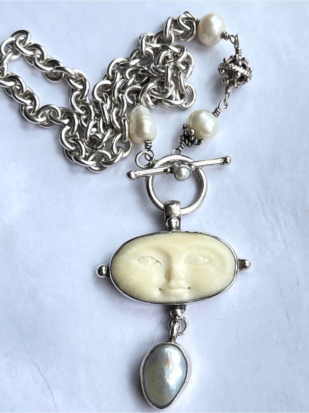 Vintage Handmade Glenda Greenberg Sterling Silver 925 Carved Moon Face Necklace - Picture 7 of 9